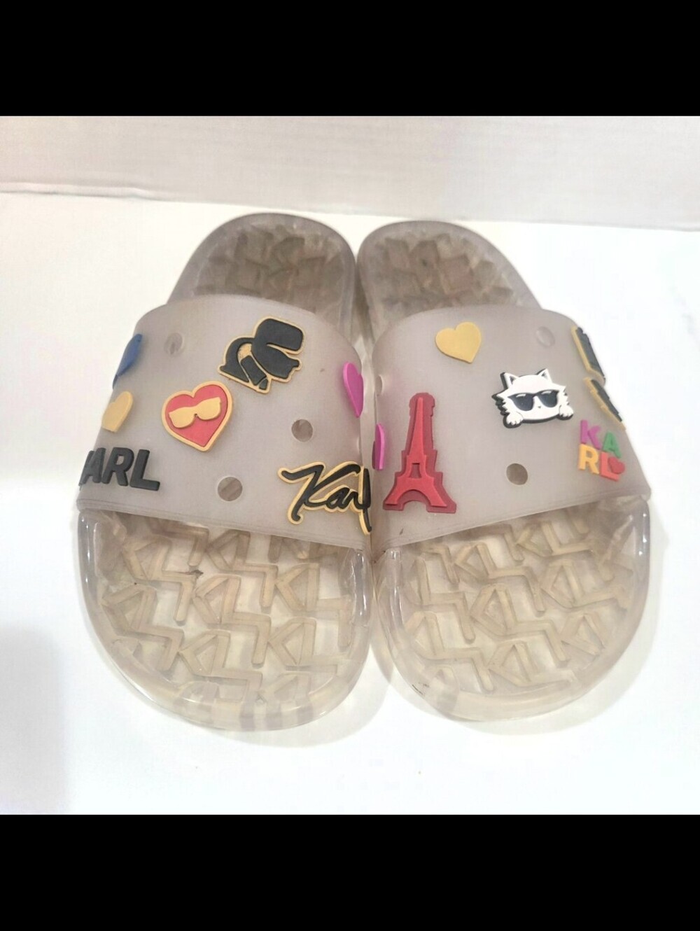 Karl Lagerfeld Pool Rubber Slides Jelly Logo Sandals Off white Sandals Sz 7.5.